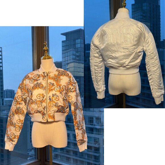 🆕 VERSACE JEANS COUTURE 🧿 NWOT Reversible White Baroque Bomber, Sz EU 38 US 2